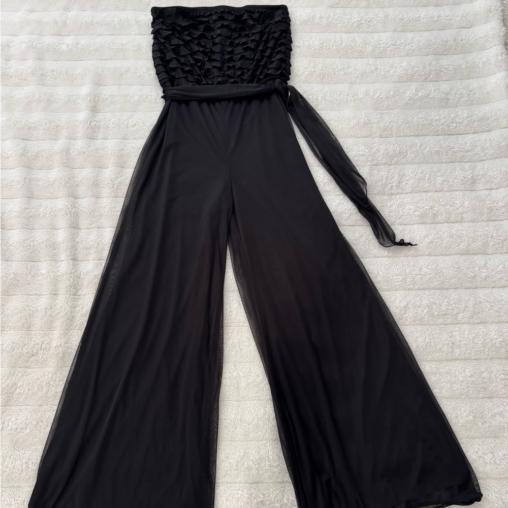 Connected Apparel Black Chiffon Wide-Leg Ruffle Bodice Jumpsuit with Tie Waist